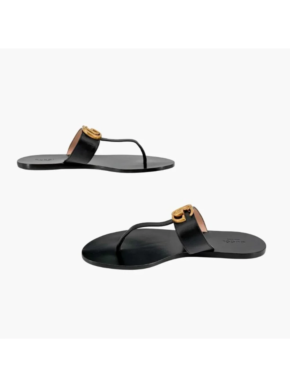Gucci GG Marmont Thong Sandals Black Leather Size 40 US 10 Women's Flat Slides